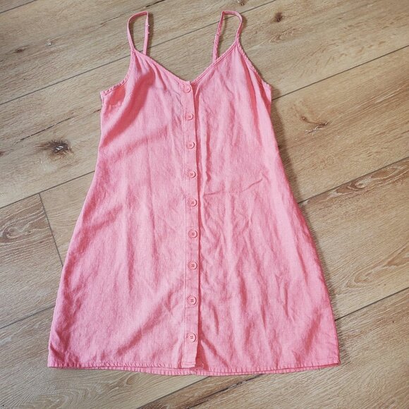 Forever 21 Womens Dress Sz M Coral Orange Button Front Mini Linen Blend Strappy - Picture 10 of 16